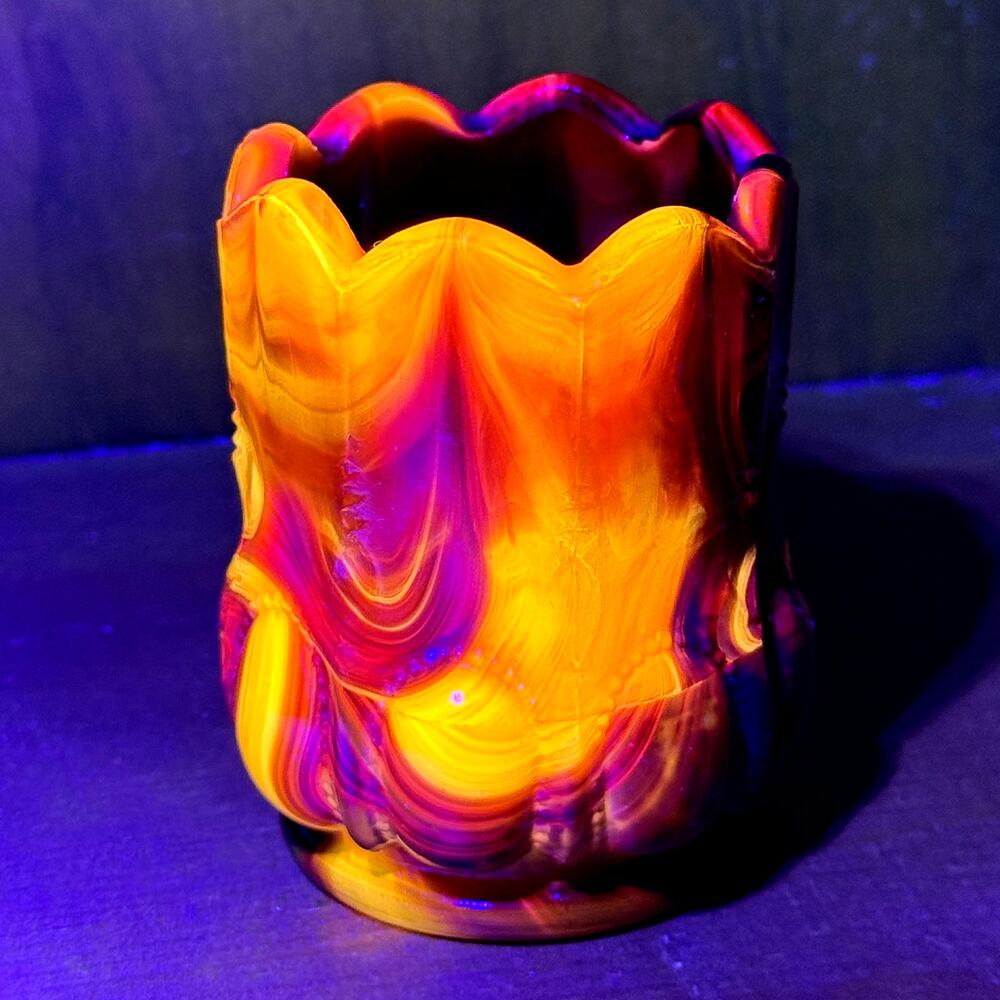 Blacklight Beaded Oval Toothpick Holder Boyd Glass 1999 Autumn Harvest GLOW OOAK